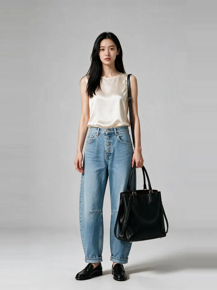 a slim woman, a sample shopper, wearing the champagne satin shell blouse, light wash barrel leg jeans, black leather loafers and black structured leather tote.